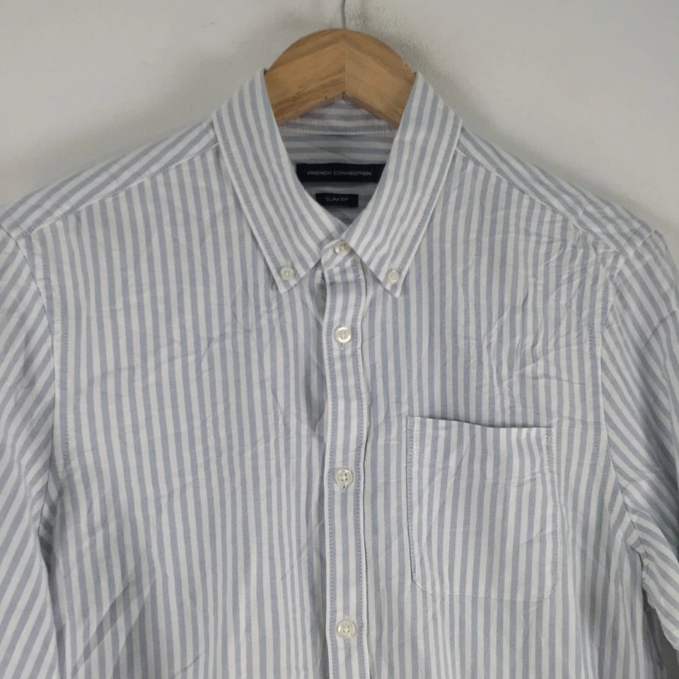 French connection mens button up shirt size S slim fit white blue striped 090472 - Image 2 of 4