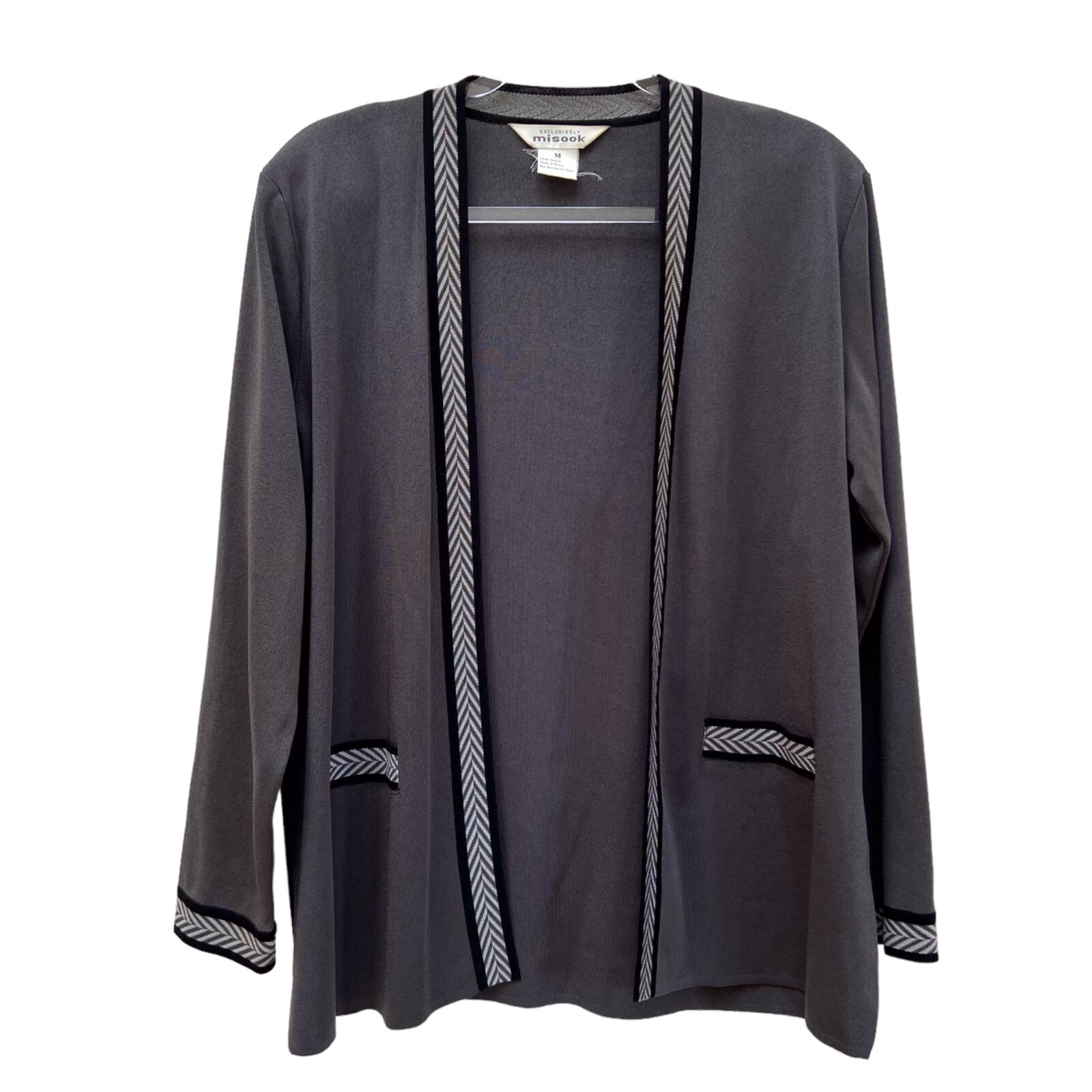 Vintage Misook Acrylic Gray Open Front Cardigan Sweater Jacket Shoulder Pads