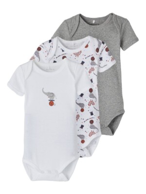 NAME IT 3er kurzarm Baby Body Set grau weiß Zirkus Größe 50 bis 98