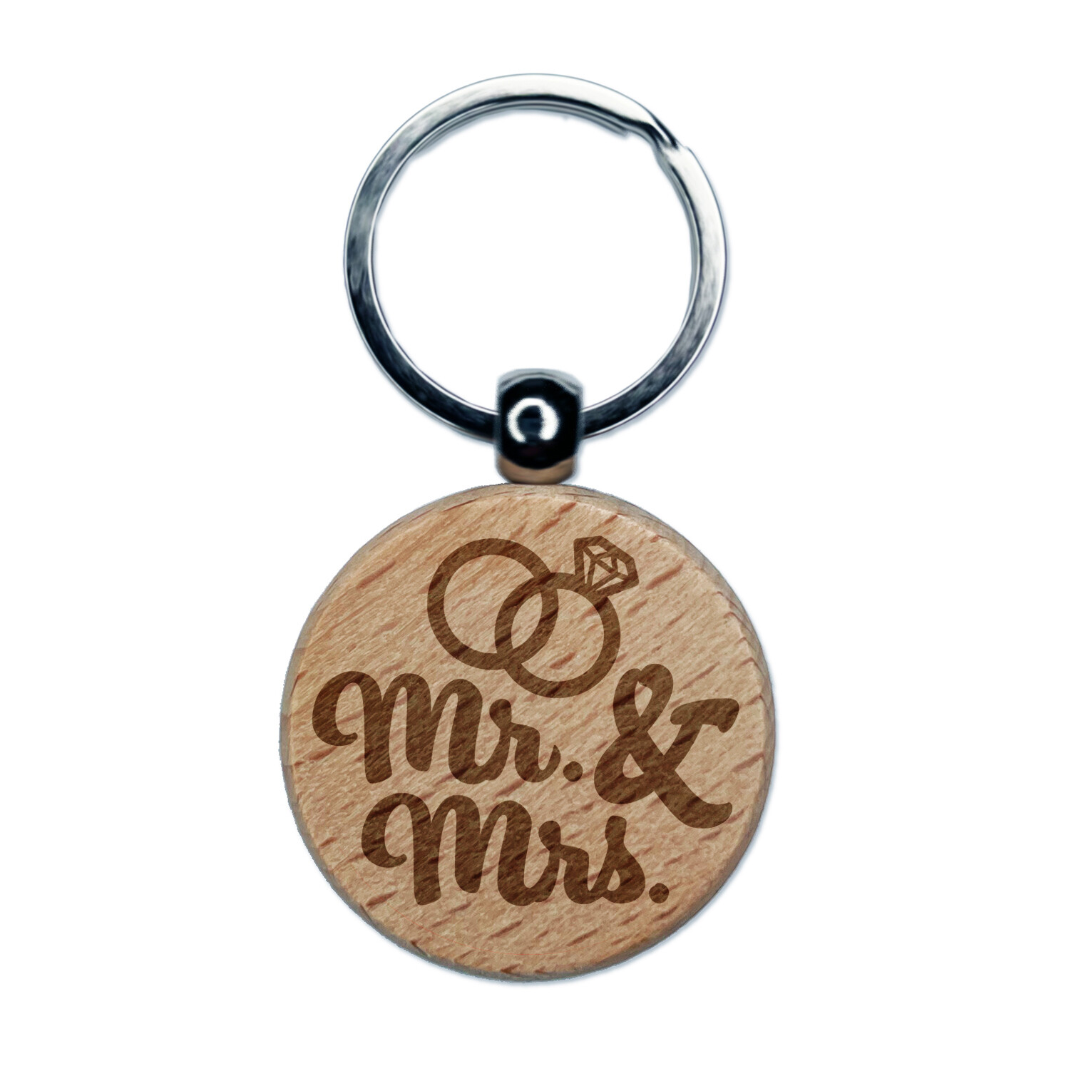 Mr. and Mrs. Wedding Rings Engraved Wood Round Keychain Tag Charm