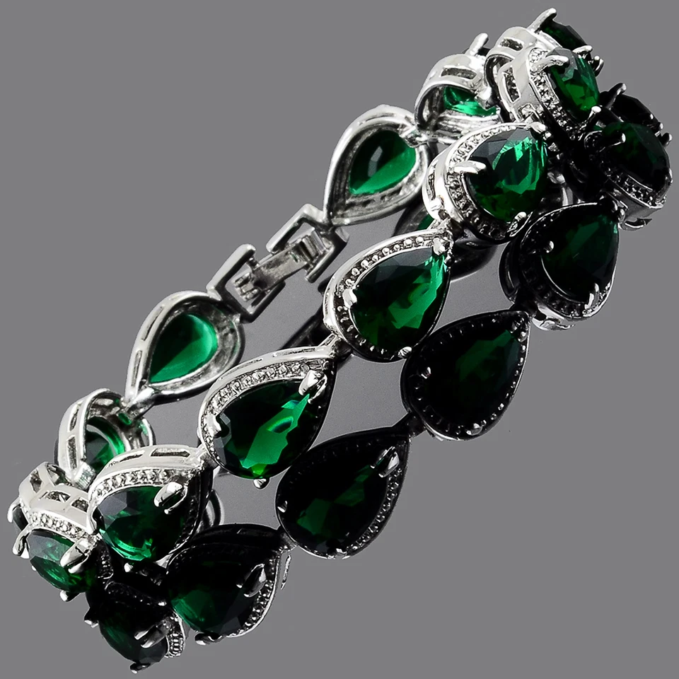 Pulsera Tenis Pera 7 Pulgadas Verde Esmeralda Circonita Cúbica Oro Blanco Relleno Regalo Foto 3 de 4