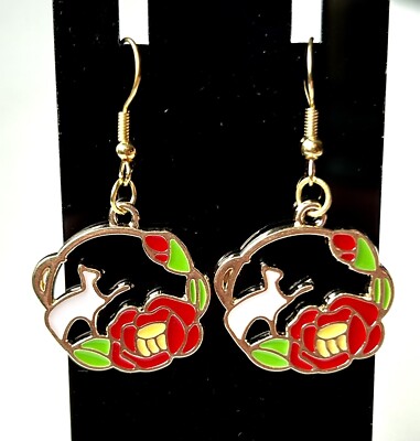 Japanese Style Gold Tone Alloy Enamel White Deer & Red Camellia Dangly Earrings