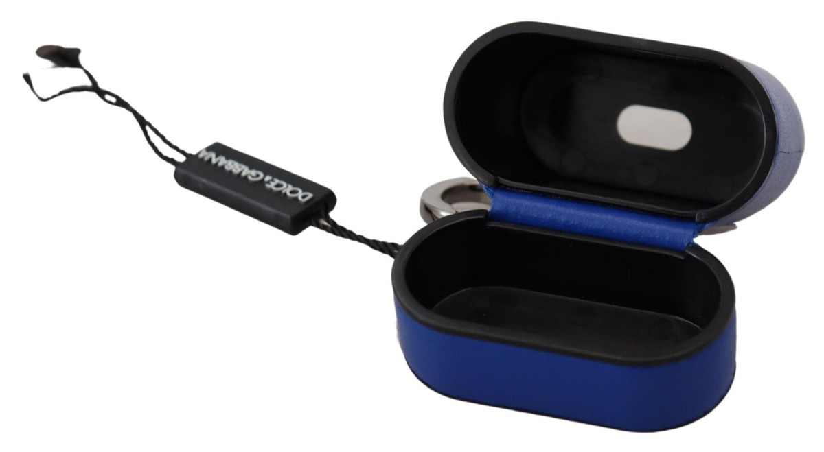 DOLCE & GABBANA Airpods Case Blue Leather Silver Metal Logo
