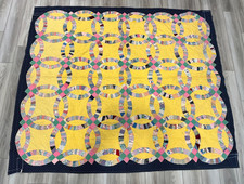 Amazing Antique Double Wedding Ring Quilt Yellow on Navy Floral 79.5 X 89.5