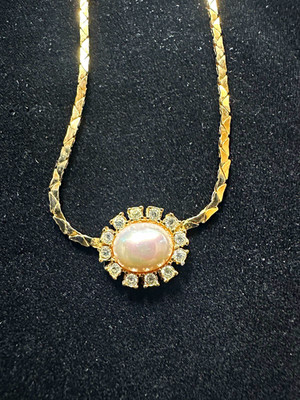 Christian Dior Gold Plated Faux Pearl Crystal Halo Oval Pendant Necklace Signed