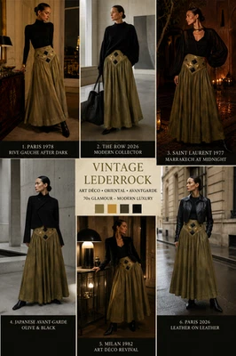 Vintage Lederrock Velours Echtleder Khaki Maxi 80er Art Deco Gold Gr 32 34 - Bild 1 von 4