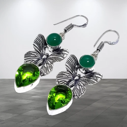 Peridot, Green Onyx Gemstone 925 Sterling Silver Earring 2.2" M879 - Image 3 of 4