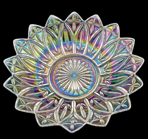 Vintage 1960s Federal Glass Petal Pattern Iridescent Clear 10” Round Bowl