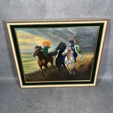 Vintage Naive Folk Art Oil Painting Horse Riding Scene Signed M Whitley