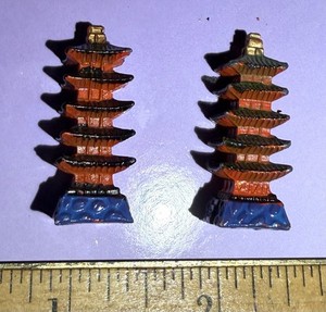 Pair Of Miniature Pagoda Statues Metal Japanese  Statues For Bonsai Garden