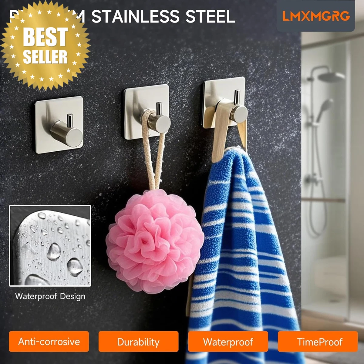 Adhesive Hooks 6 Pack Shower Hooks Towel Hooks for Bathrooms Wall Mounted Waterp