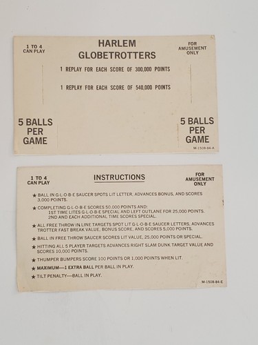 ORIGINAL BALLY HARLEM GLOBETROTTERS PINBALL 2 SIDED APRON INSTRUCTION CARDS - Picture 2 of 2