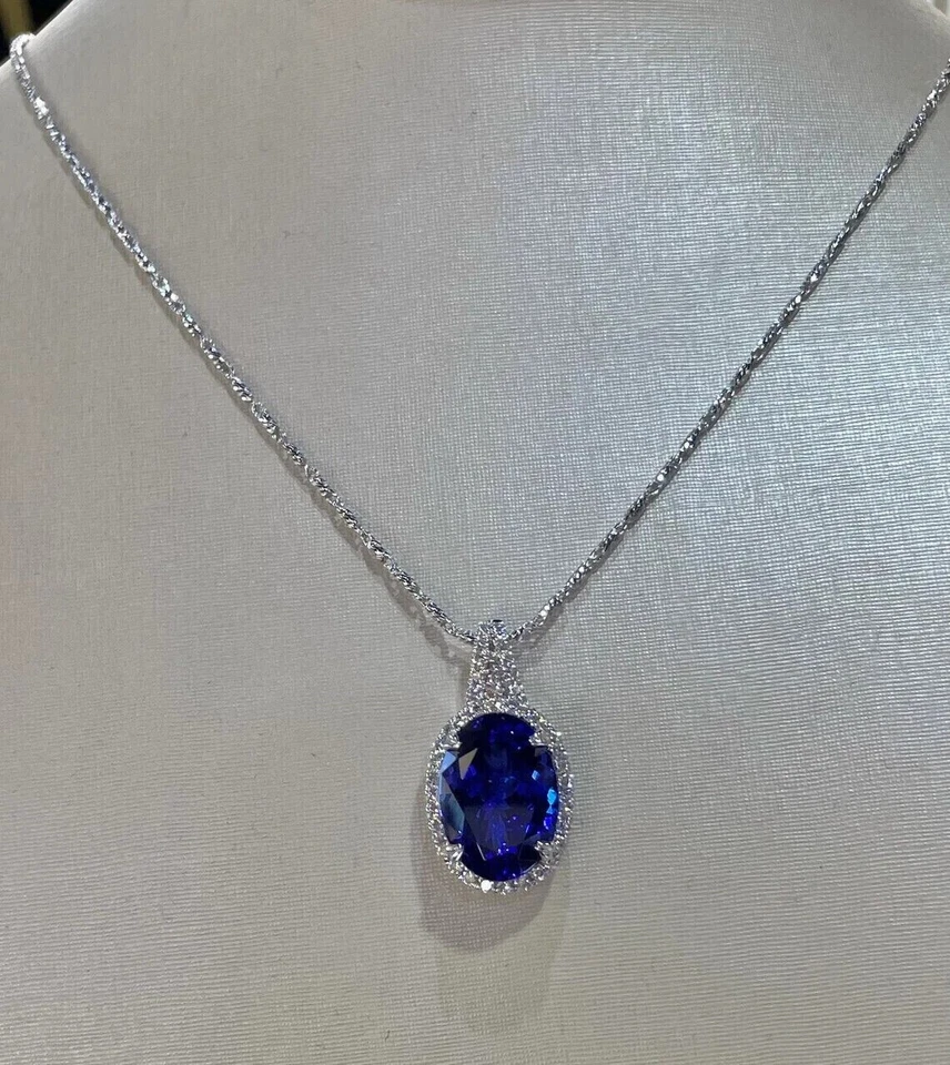 2.50Ct Oval Cut Lab Created Blue Sapphire Halo Pendant in 14K White Gold Plated - Image 3 of 4