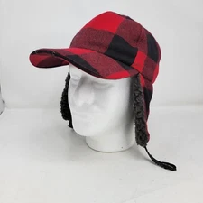 Eddie Bauer Hat Trapper Wool Red Black Buffalo Plaid Hunting EB Powered Vintage