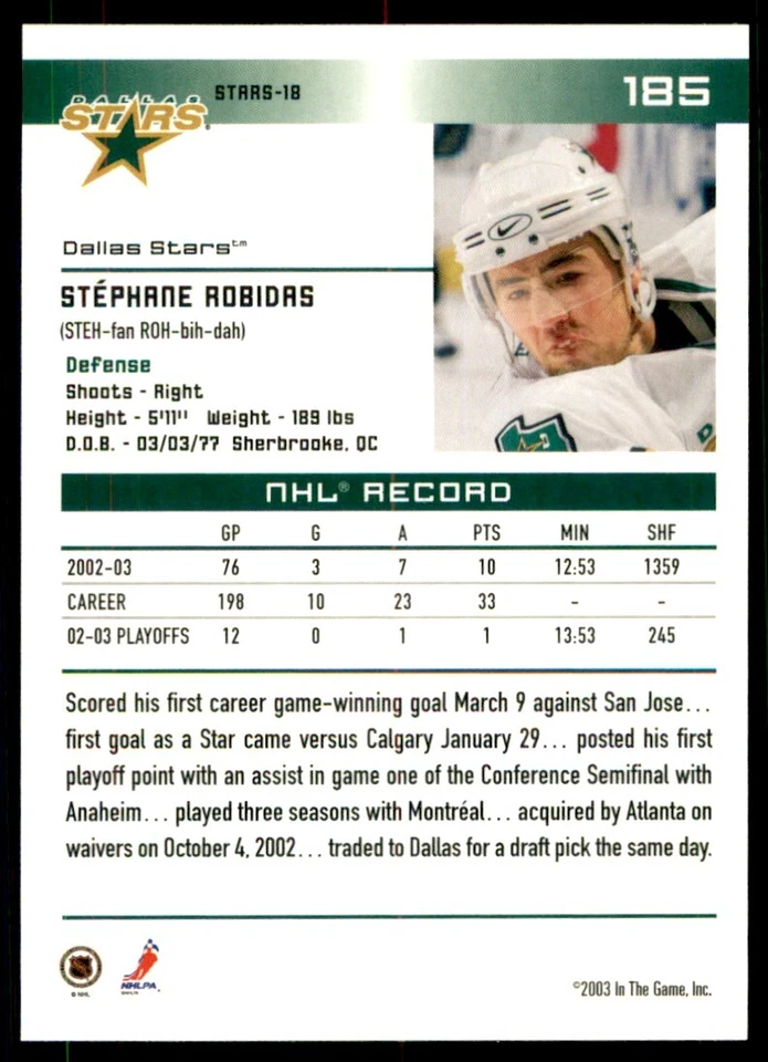 2003-04 In The Game Action Stephane Robidas #185 - Image 2 of 2