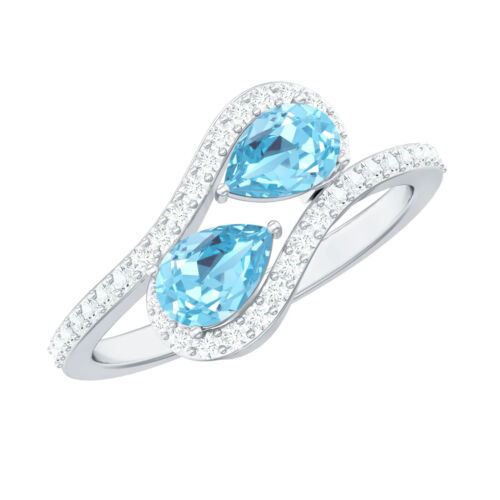 2 Ct Pear Cut Aquamarine Lab-Created Bypass Two Stone Ring 14K White Gold Plated - Picture 3 of 8