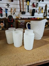 Vintage Anchor Hocking Milk Glass Pitcher & 6 Tumblers Set Hobnail Dot Dash MCM