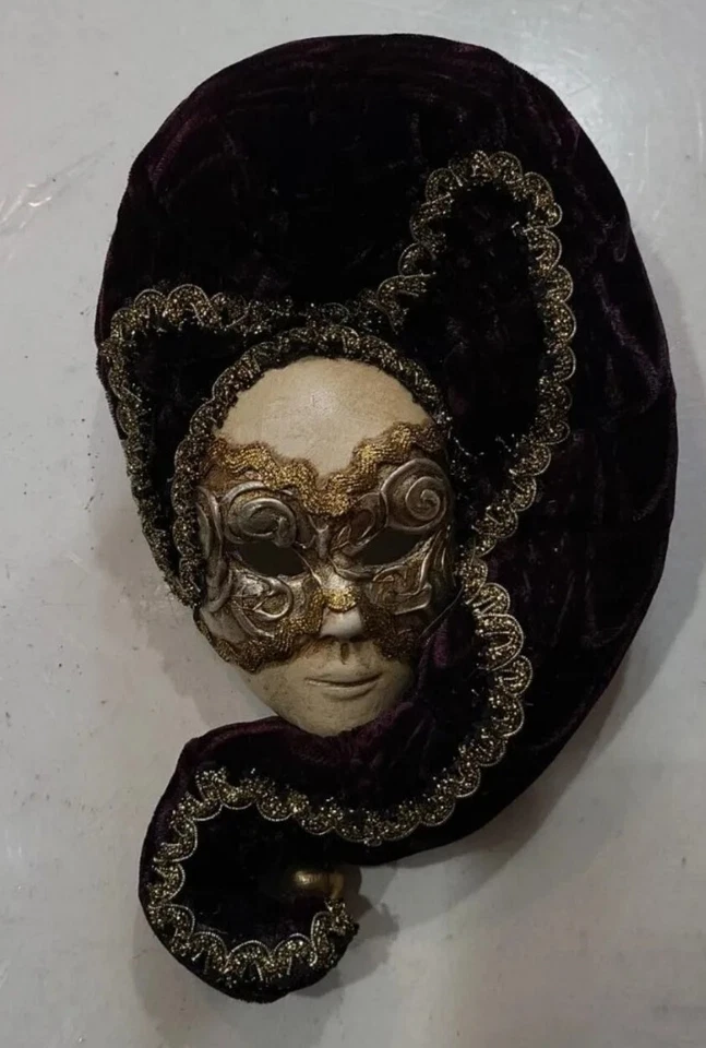 Vintage Venetian Mask Marega Carlo Metallic Velvet Ceramic - Italy Wall Decor 8" - Image 2 of 4