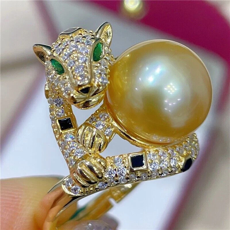 Gorgeous Huge AAA 12 11mm Round Natural South Sea Gold Pearl Ring 925s