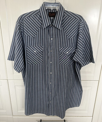 PLAINS WESTERN WEAR | BUTTON UP SHIRT SIZE LT STRIPED BIG MAN BLUE
