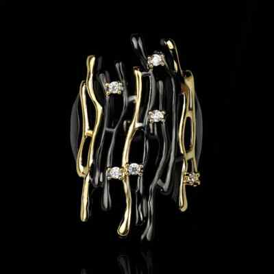 UNIQUE GEOMETRIC BLACK & GOLD HOLLOWED OUT CUBIC ZIRCONIA RING SIZE 8