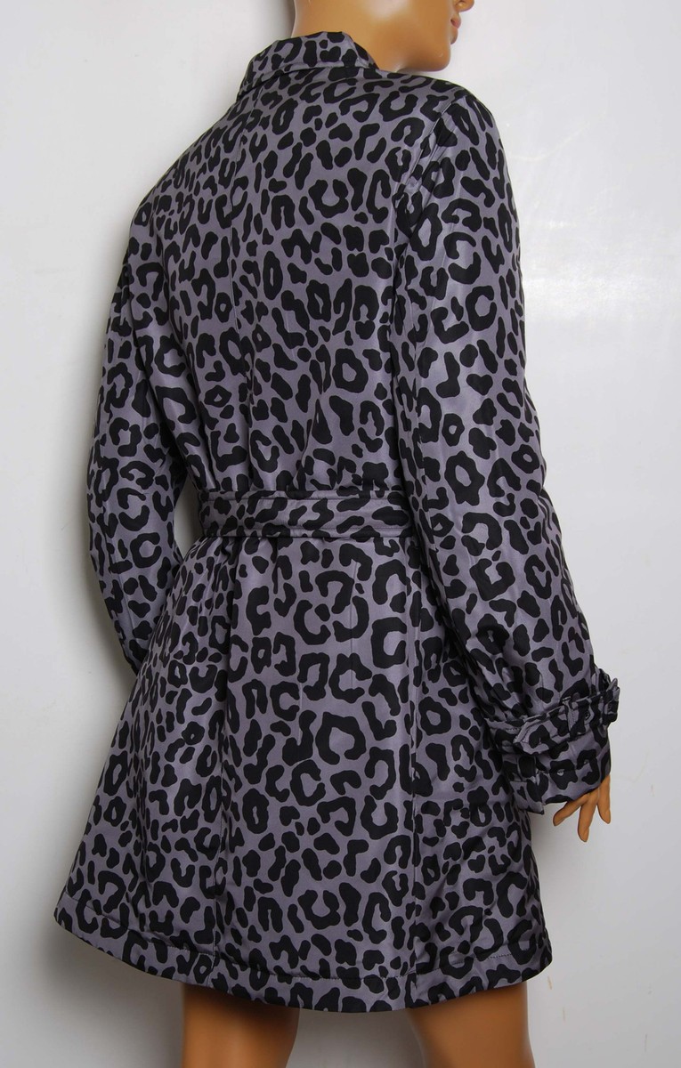 PRADA Women Gray Trench Coat 100% Silk Leopard Print Belted