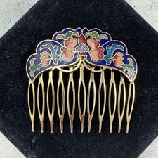 Vintage Cloisonn  Enamel Floral Hair Comb Gold Tone Butterfly Style 2.5    