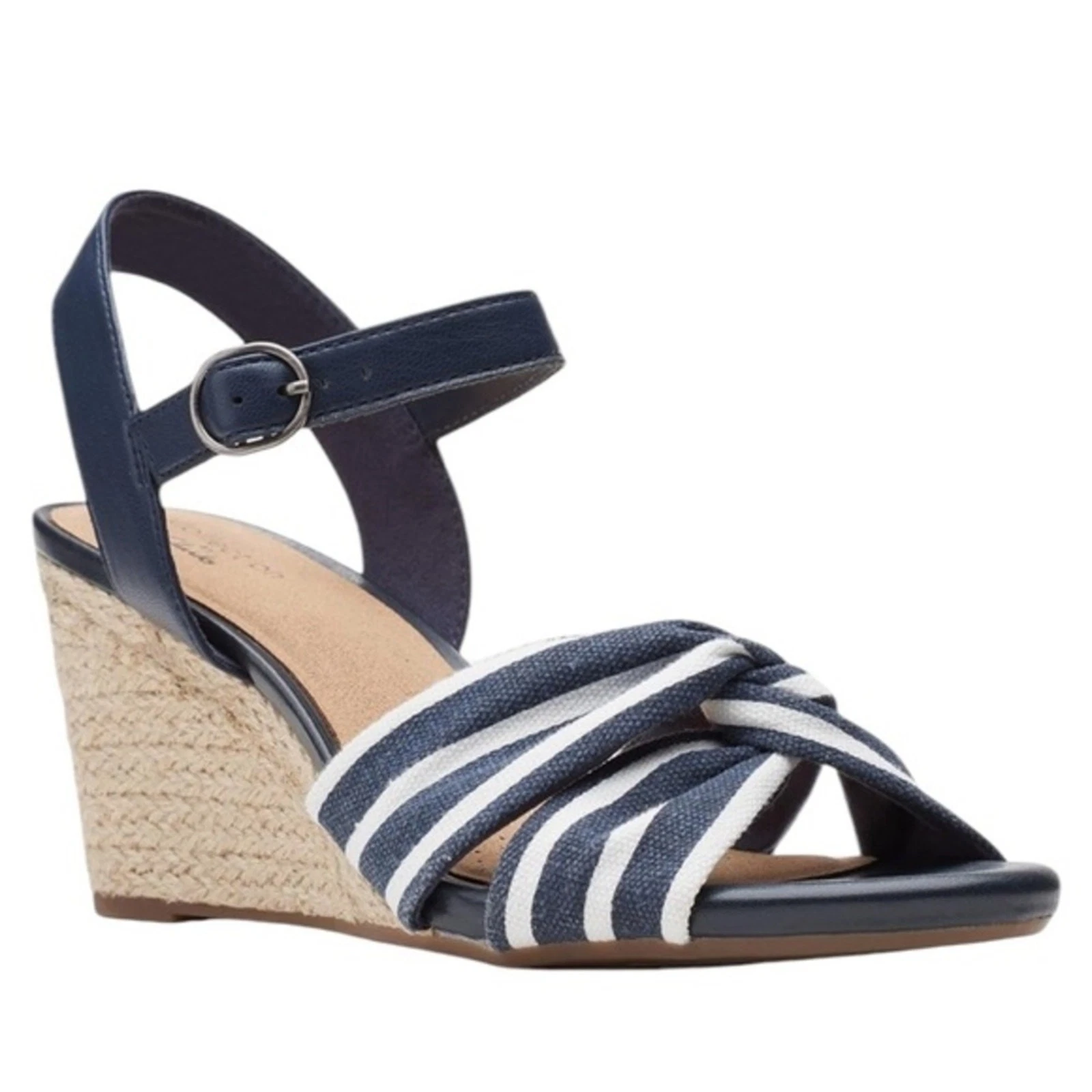 Sandalo donna Clarks Margee Beth Stripe blu navy bianco zeppa marina nuovo senza etichette taglia 9W