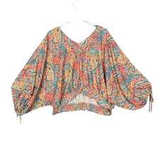 Umgee Womens Top Pink Paisley Print V Neck Balloon Sleeve Smocked Waist Blouse