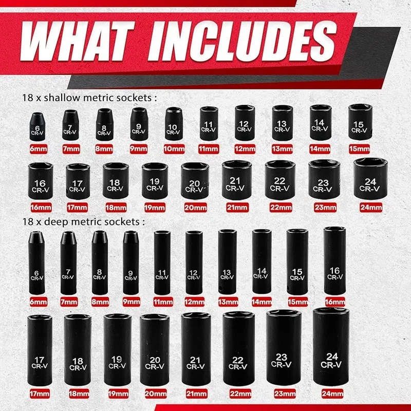 64 pcs 3/8" Socket Set Drive Impact Socket Set SAE/Metric Deep & Shallow 6 Point - Image 3 of 4