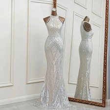 Silver Mermaid Evening Dresses Halter Neck Sleeveless Sequin Tulle Prom Gowns
