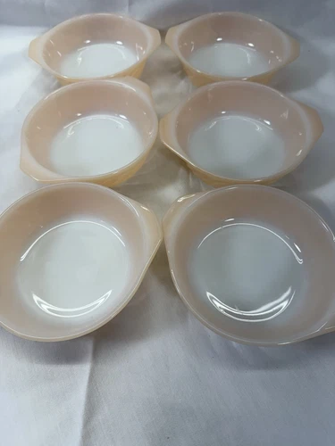 Vintage, Peach Lustre Anchor Hocking FIRE KING Swirl Casserole Bowls, Lot of 6