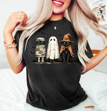 Black Cat Pumpkin Ghost Cat Retro T-shirt, S-5XL