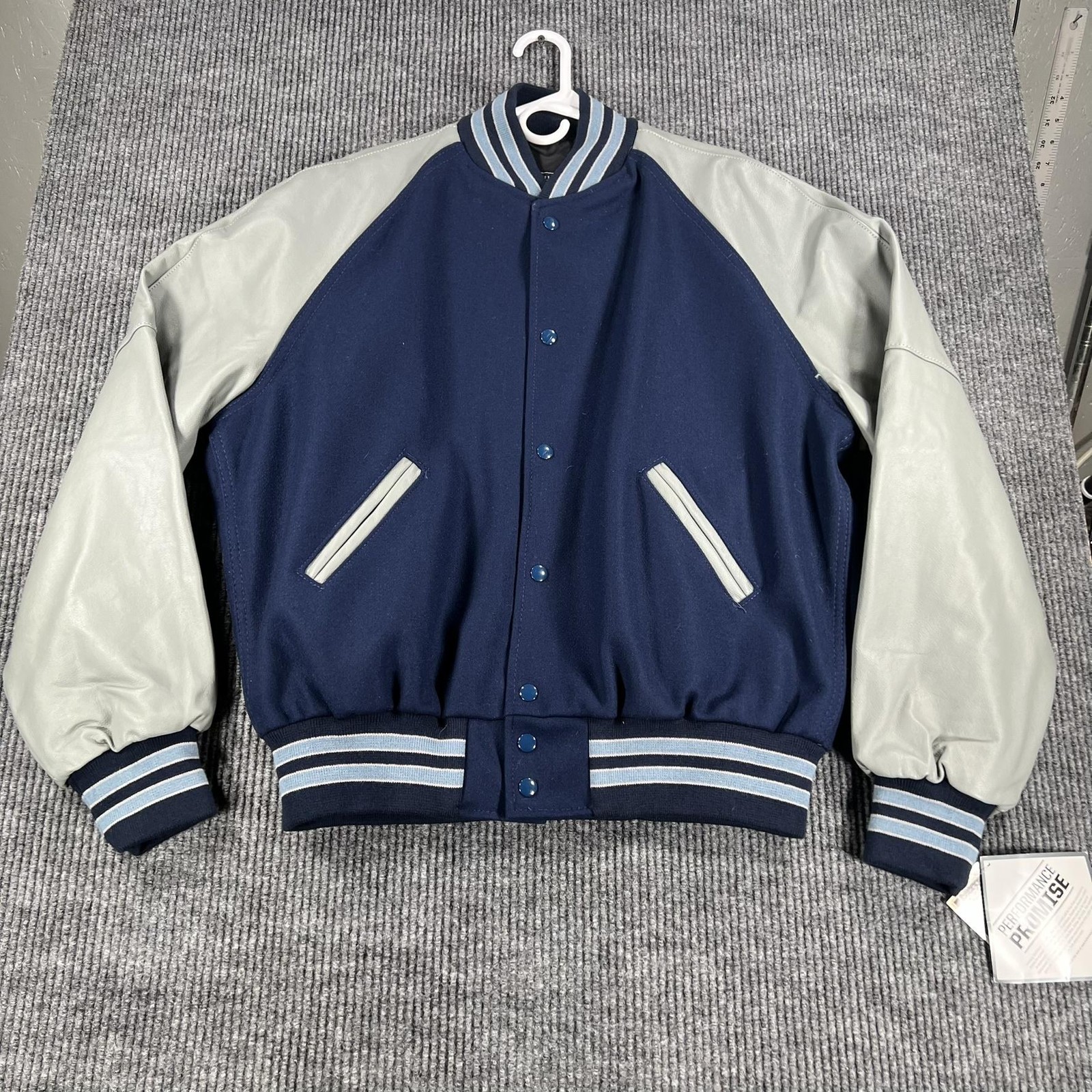 Mens Large Blue Varsity Wool Leather Sleeves Snap Front Coll