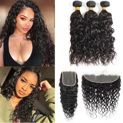 FASHION PLUS Human Hair Water Wave Bundles with Lace Closure Remy Virgin Hair Lace Frontal