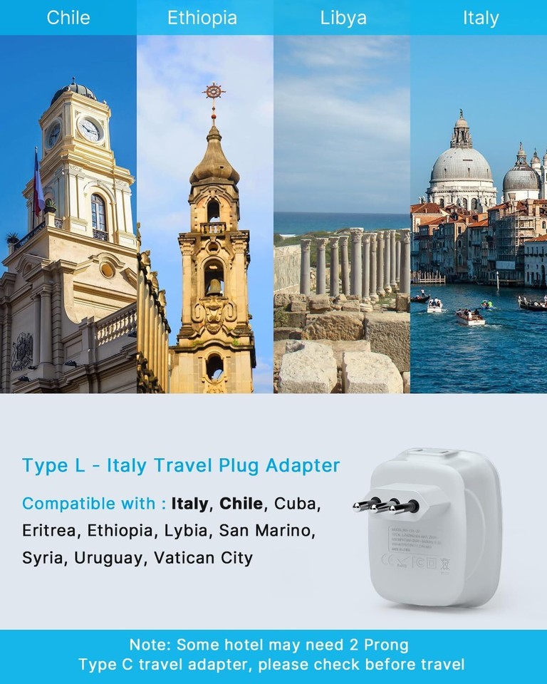 3 Pack Italy Travel Power Adapter VINTAR 3 Prong Grounded Plug with 2