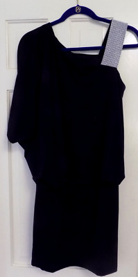 Vtg JACKIE JON Rhinestone 1 Shoulder Blouson Dress w/ Batwing Sleeve BLACK Sz 6