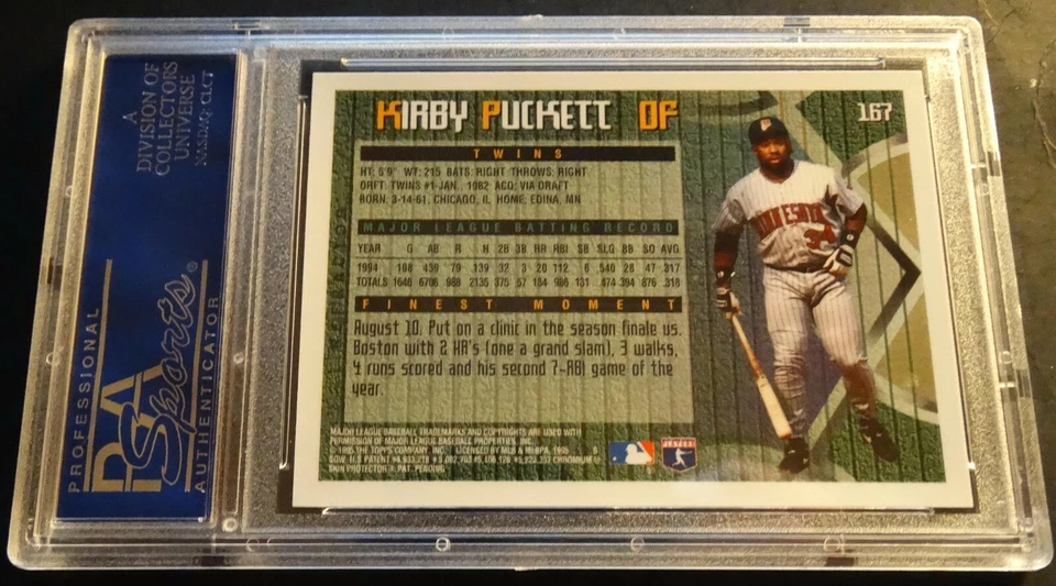 1995 KIRBY PUCKETT FINEST REFRACTOR #167  PSA 9 MINNESOTA TWINS POP 10 (363) - Image 2 of 2