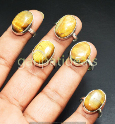 New Sale ! Tiger Eye Gemstone Rings 5pcs Wholesale Lot 925 Silver Plated Jewelry