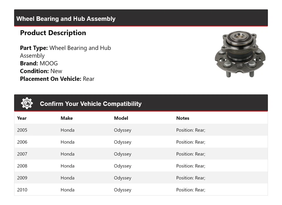 Conjunto de cojinete de rueda y buje trasero MOOG 2005 2006 para Honda Odyssey 2005-2010 Foto 2 de 4