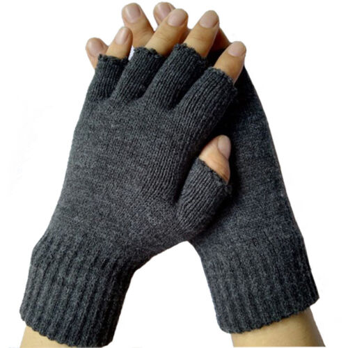 Warm Winter Men Knitted Fingerless Gloves Half Finger Dark Gray Workout Glove - Picture 1 of 10