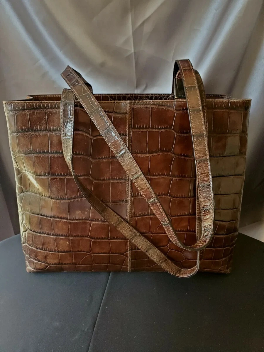 Furla Italian Leather Embossed Crocodile Tote Shoulder Bag Satchel Handbag  Brown