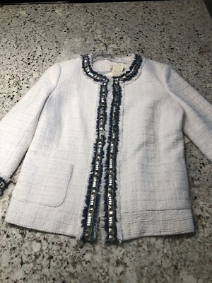 NWT Boston Proper Women's Blazer 12 White Tweed w/Navy & Silver