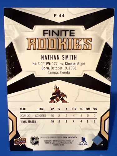 Nathan Smith 2022-23 SPx Finite Rookies Blue Badge 06 /99 #F-44 Phoenix Coyotes - Picture 2 of 2