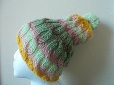 Hand knitted bulky and warm wool blend pom pom beanie/hat, green/yellow/mauve