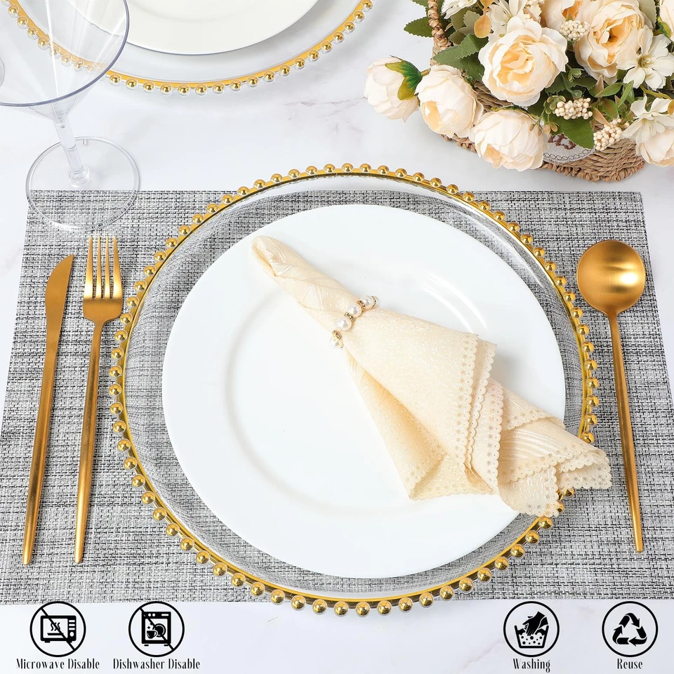 12 Set Clear Charger Plates with Napkin Rings 13 Inch Plastic Round Charger P... - Image 4 of 4