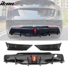 Fits 20-24 Tesla Model Y IKON Gloss Black Rear LED Diffuser Lip W/ Corner Aprons