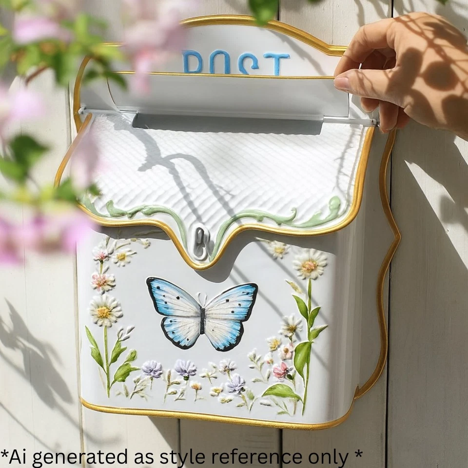 Vtg Style Letterbox Mailbox Wall Mounted Rustic Shabby Chic Butterfly Gold Trim - Image 2 of 4