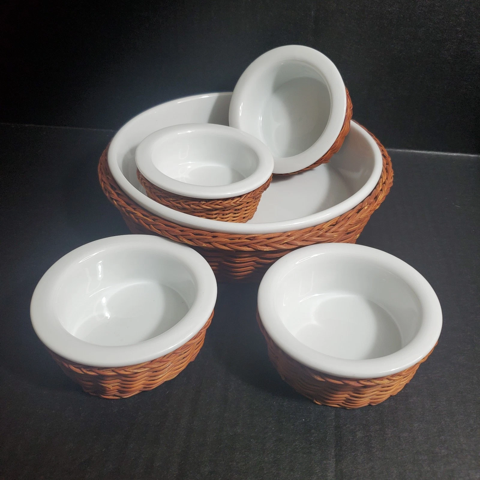 Pier 1 - Set Of 4 White Ramekins & 8" Pie Dish With Brown Wicker Basket Holders