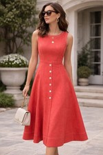 Donna Karan NY Fit & Flare Linen Blend Midi Dress, Pockets, Quiet Luxury, Size 6